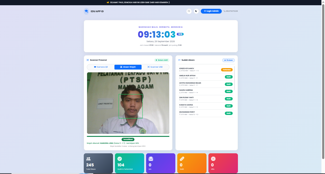 Source Code Aplikasi Absensi Deteksi Wajah Automatis, QR Code & Barcode Sekolah + Kirim WA WhatsApp Orang Tua (PHP 8 Native)